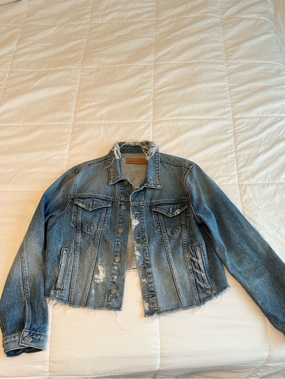 GRLFRND Faded Blue Distressed Cropped Denim Jacket